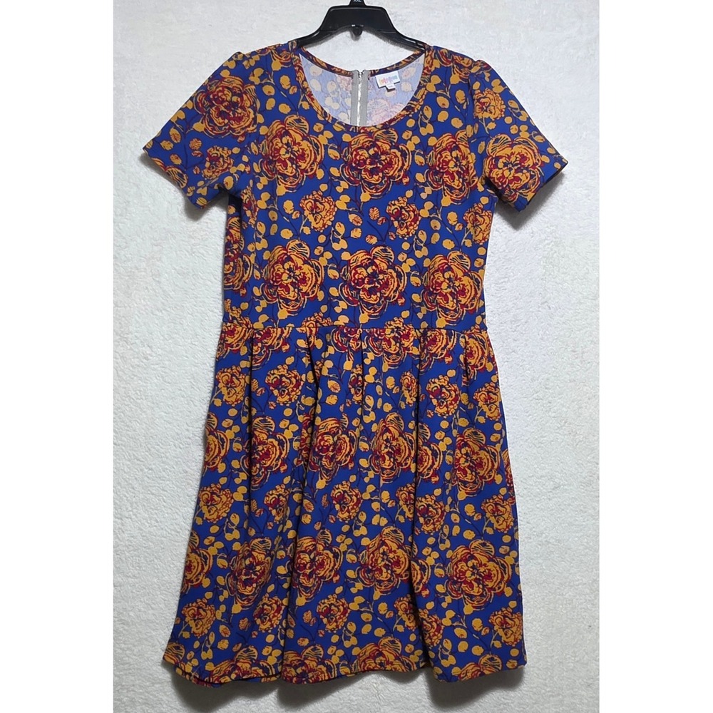 LuLaRoe Amelia Dress 3XL Blue Orange Floral Short Sleeve Pocket Fit Flare Zip
